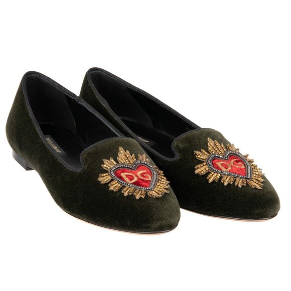 Dolce & Gabbana - Pearl Sacred Heart Embroidered Velvet Ballet Flats AUDREY Gree - Picture 1 of 5